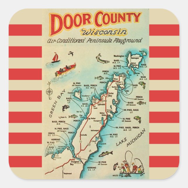 Old Door County Map Postcard Square Sticker (Front)