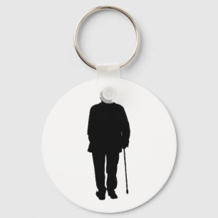 Old Elderly Man Walking Black Silhouette Drawing Keychain