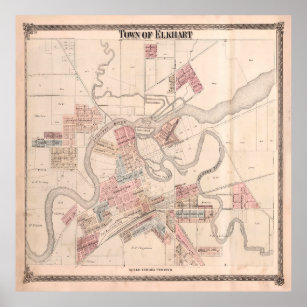 Old Elkhart IN Map (1874) Vintage Old Hart City  Poster