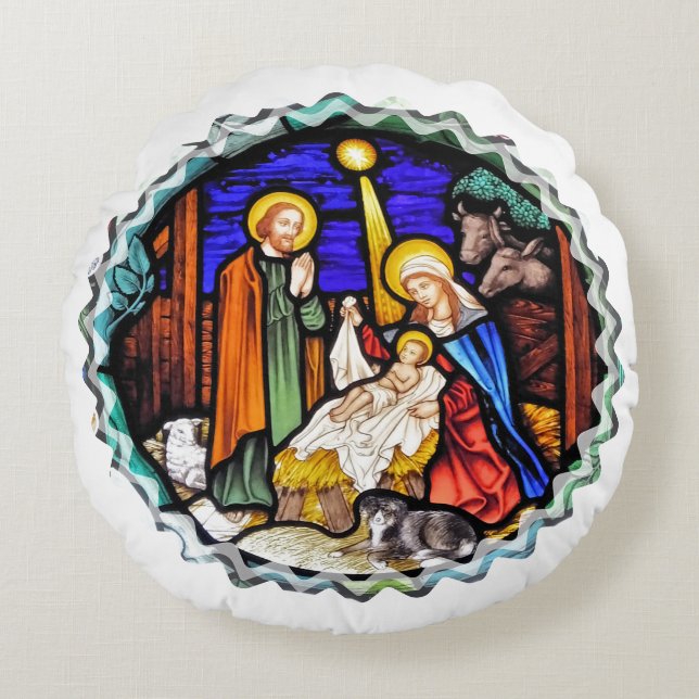 OLD ENGLAND NATIVITY WINDOW ROUND PILLOW (Front)