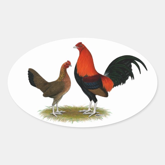 Old English Game Bantams:  BB Red Pair Oval Sticker (Front)