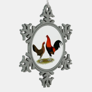 Old English Game Bantams: BB Red Pair Snowflake Pewter Christmas Ornament