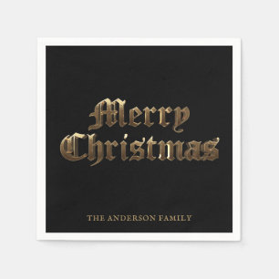 Old English Script Black and Gold Merry Christmas Napkin