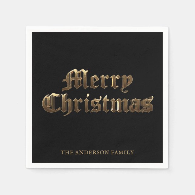 Old English Script Black and Gold Merry Christmas Napkin (Front)