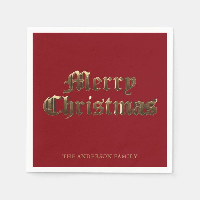 Old English Script Red and Gold Merry Christmas Napkin (Front)