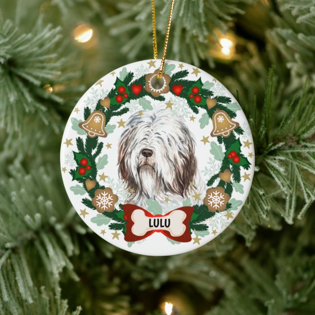 Old English Sheep Dog Christmas Dog Cookie Wreath Ceramic Ornament (Tree)