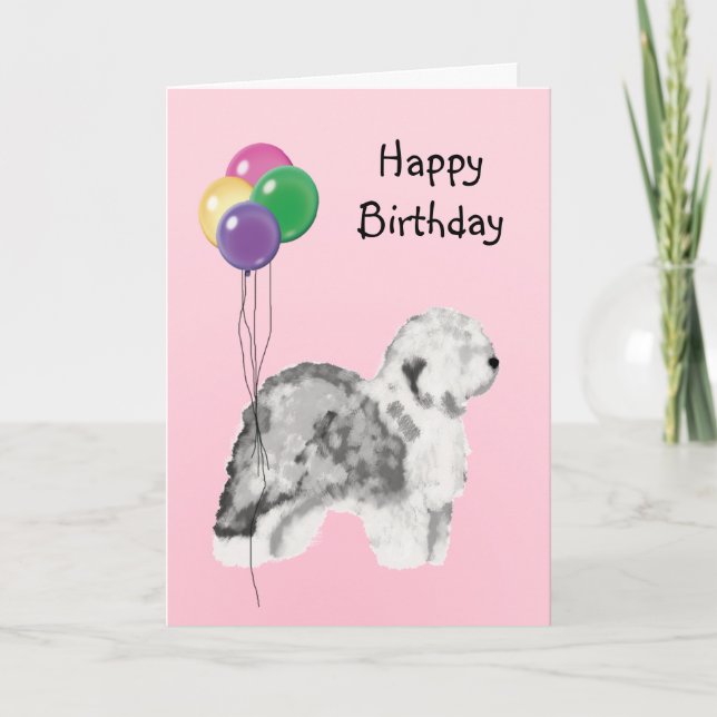 Old English Sheepdog, Birthday Balloons Card (Front)