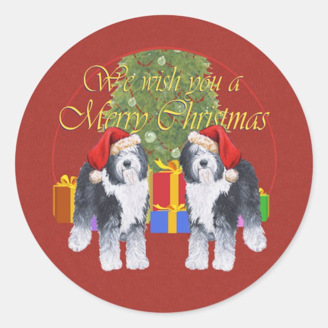Old English Sheepdog Christmas Classic Round Sticker (Front)