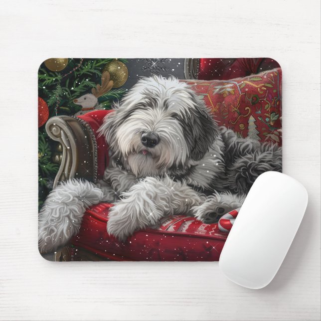 Old English Sheepdog Christmas Festive Mouse Pad (With Mouse)