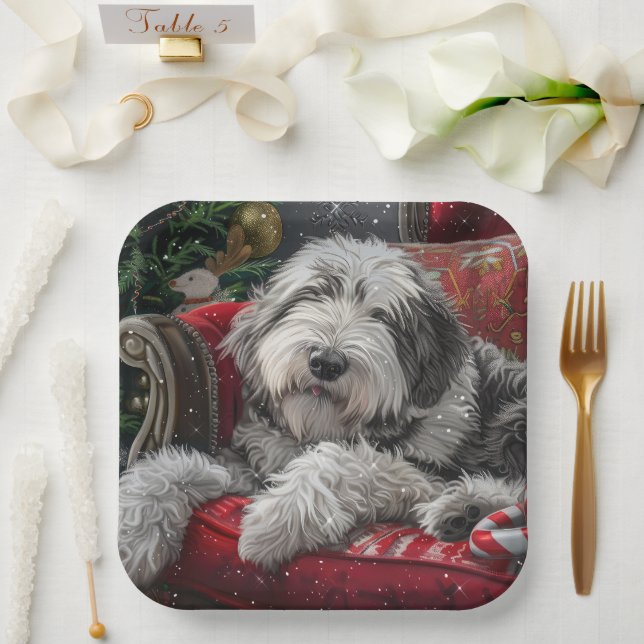 Old English Sheepdog Christmas Festive Paper Plate (Wedding)
