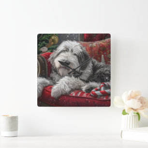 Old English Sheepdog Christmas Festive Square Wall Clock