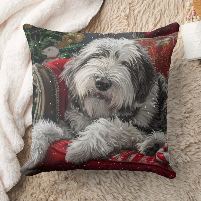 Old English Sheepdog Christmas Festive Throw Pillow (Blanket)