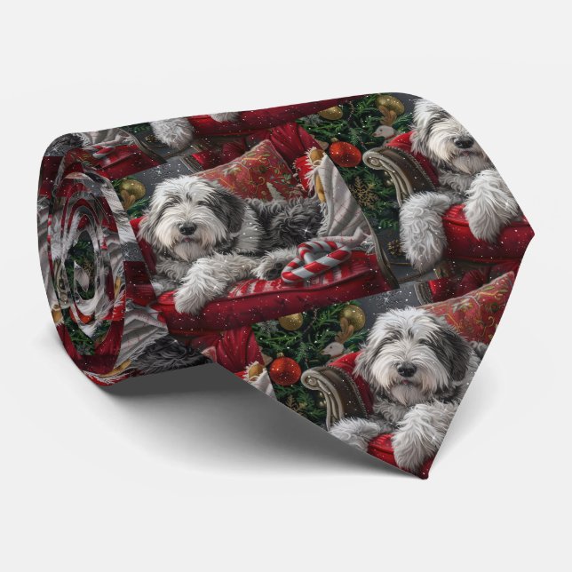 Old English Sheepdog Christmas Festive Tie (Rolled)