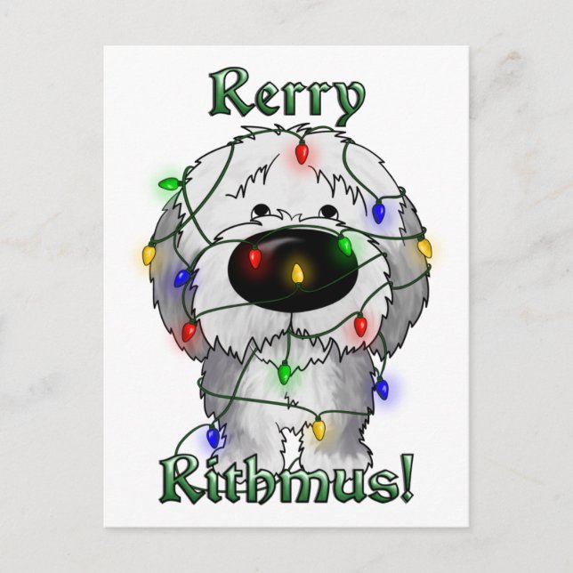 Old English Sheepdog - Christmas Lights Holiday Postcard (Front)