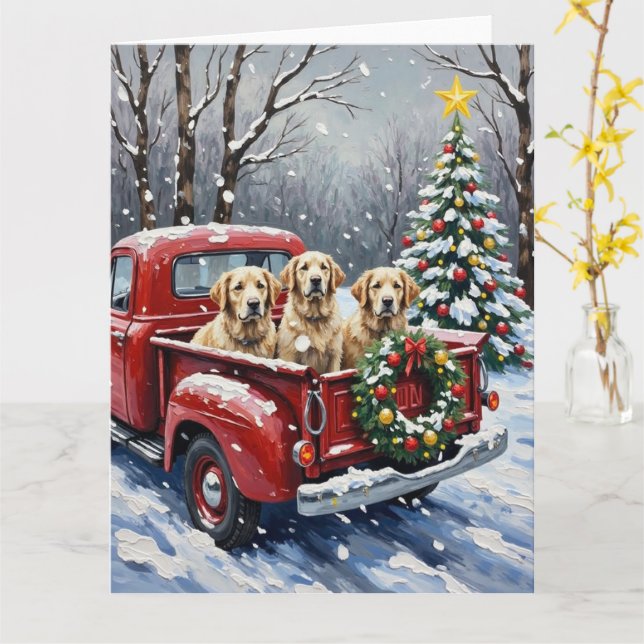Old English Sheepdog Christmas Red Truck Holiday Card (Yellow Flower)