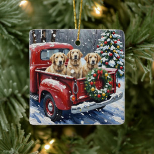 Old English Sheepdog Christmas Red Truck Holiday Ceramic Ornament