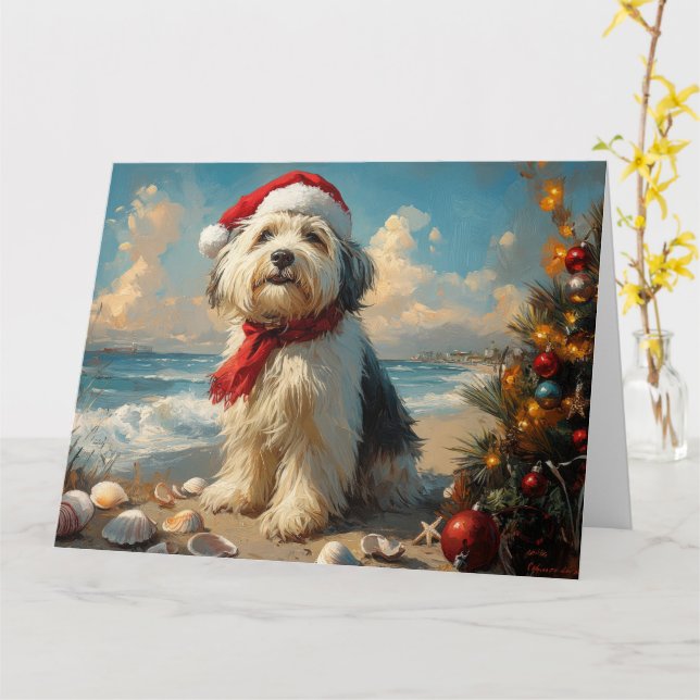 Old English Sheepdog Christmas Vintage Beach Card (Yellow Flower)