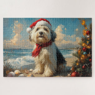 Old English Sheepdog Christmas Vintage Beach Jigsaw Puzzle
