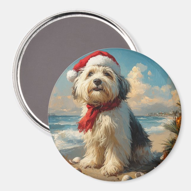 Old English Sheepdog Christmas Vintage Beach Magnet (Front/Back)