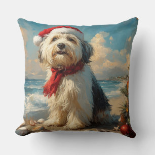 Old English Sheepdog Christmas Vintage Beach Throw Pillow