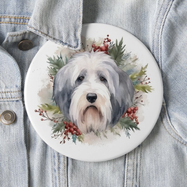 Old English Sheepdog Christmas Wreath Festive Pup  6 Inch Round Button (In Situ)