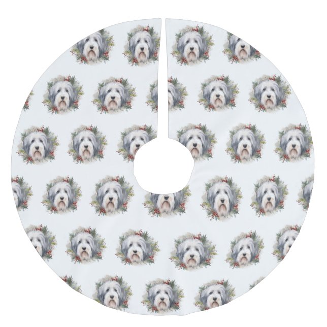 Old English Sheepdog Christmas Wreath Festive Pup  Brushed Polyester Tree Skirt (Front)