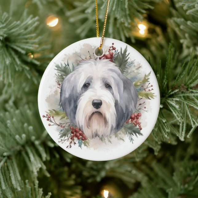Old English Sheepdog Christmas Wreath Festive Pup  Ceramic Ornament (Tree)