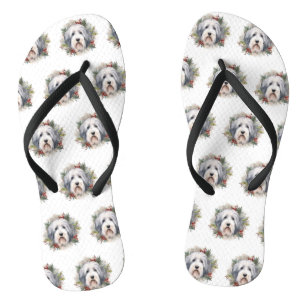 Old English Sheepdog Christmas Wreath Festive Pup Flip Flops