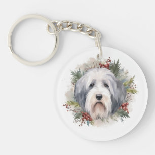 Old English Sheepdog Christmas Wreath Festive Pup Keychain