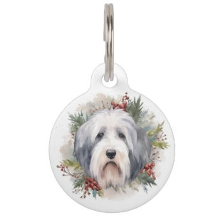 Old English Sheepdog Christmas Wreath Festive Pup  Pet Tag
