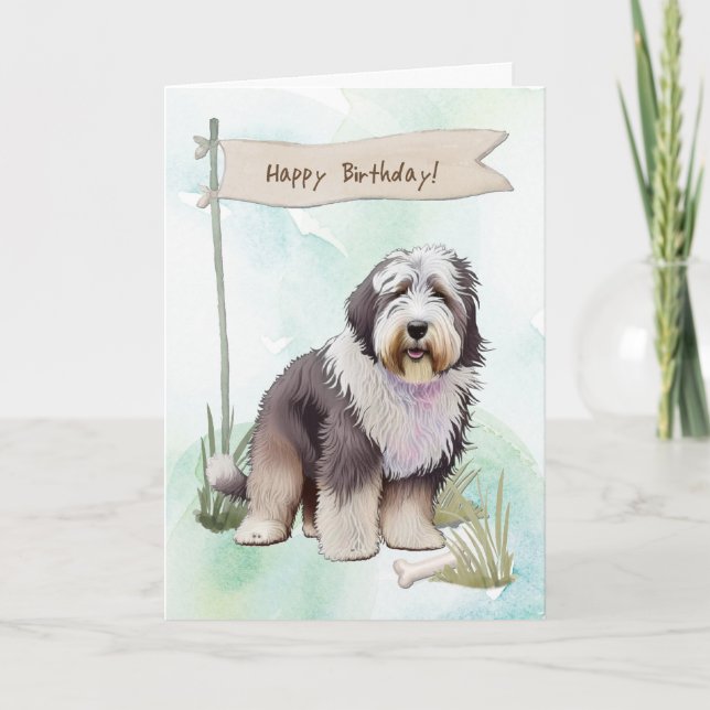 Old English Sheepdog Dog Breed Under Birthday Sign Card (Front)