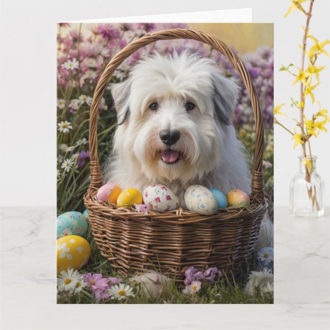 Old English Sheepdog Easter Eggs Card (Yellow Flower)