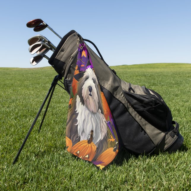 Old English Sheepdog Halloween Witch Pumpkin Golf Towel (Green)