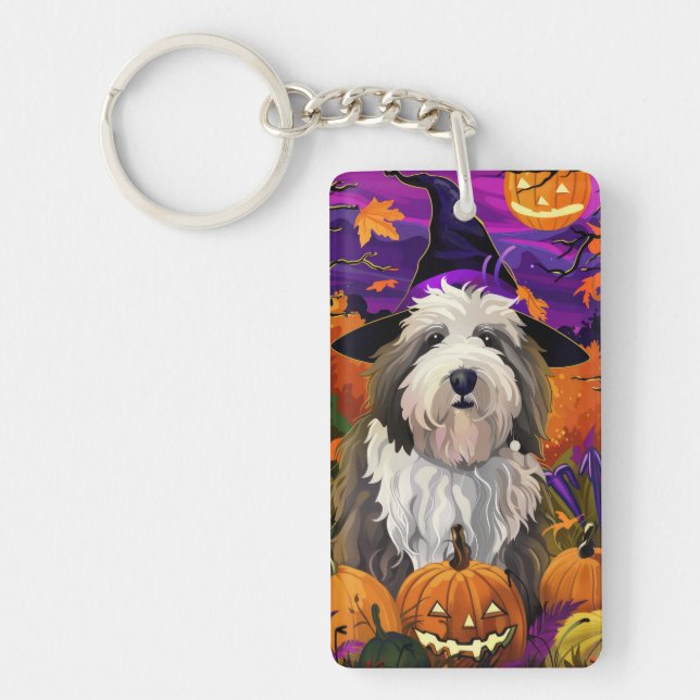 Old English Sheepdog Halloween Witch Pumpkin Keychain (Front)