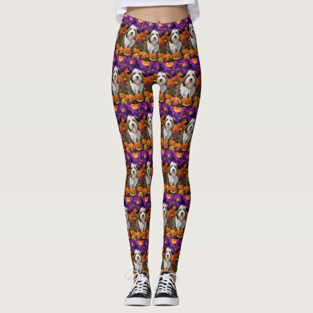 Old English Sheepdog Halloween Witch Pumpkin Leggings (Front)