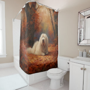Old English Sheepdog in Autumn Leaves Fall Inspire