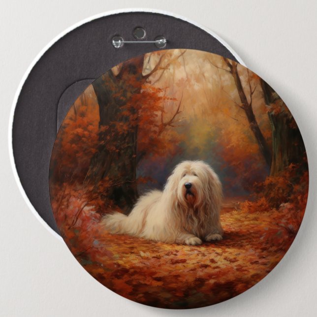 Old English Sheepdog in Autumn Leaves Fall Inspire 6 Inch Round Button (Front & Back)