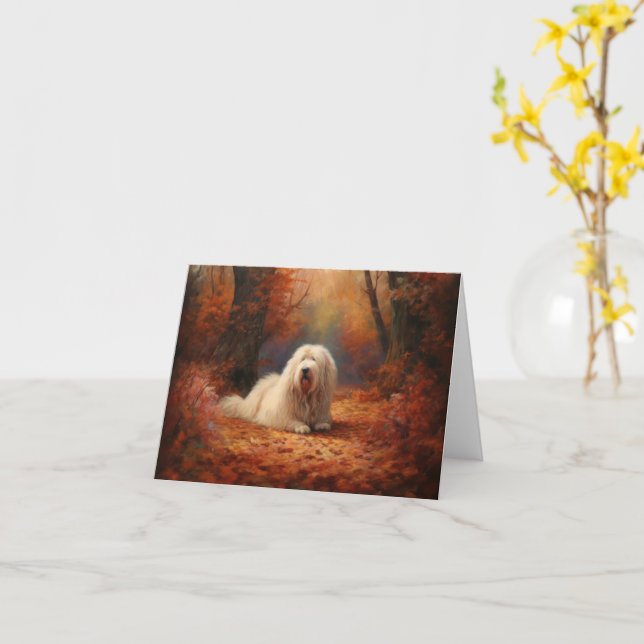 Old English Sheepdog in Autumn Leaves Fall Inspire Card (Yellow Flower)