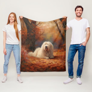 Old English Sheepdog in Autumn Leaves Fall Inspire Fleece Blanket