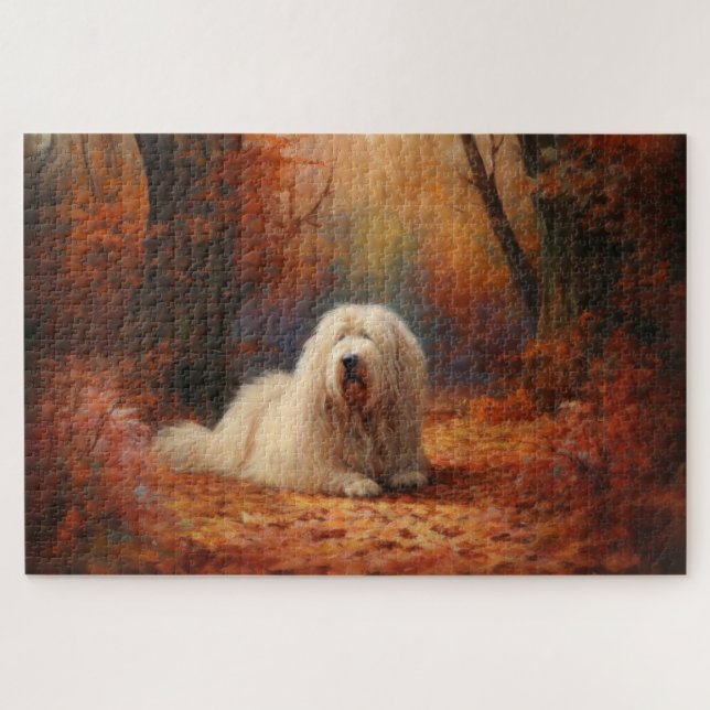 Old English Sheepdog in Autumn Leaves Fall Inspire Jigsaw Puzzle (Horizontal)