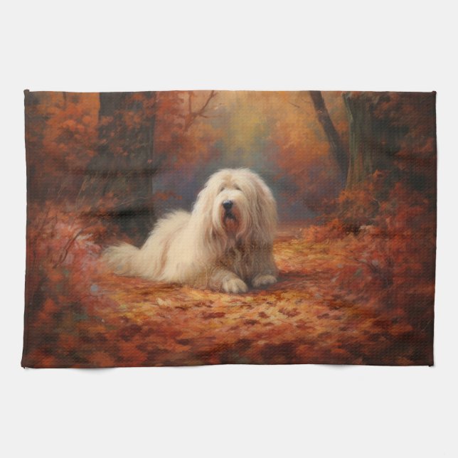 Old English Sheepdog in Autumn Leaves Fall Inspire Kitchen Towel (Horizontal)