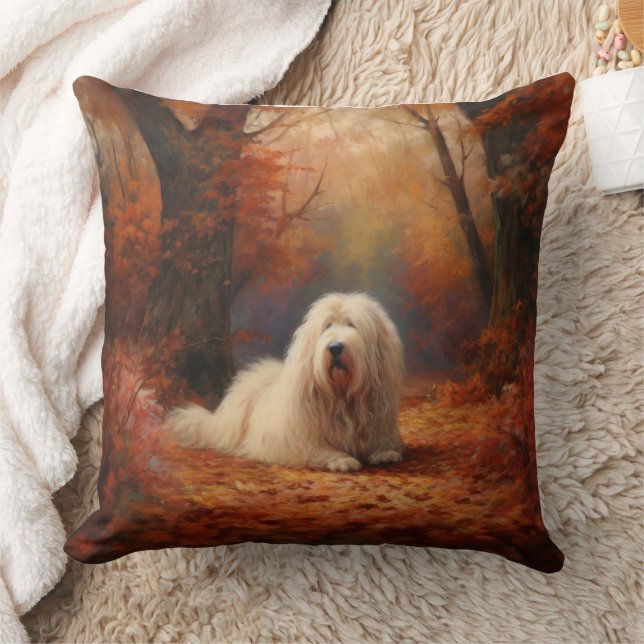Old English Sheepdog in Autumn Leaves Fall Inspire Throw Pillow (Blanket)