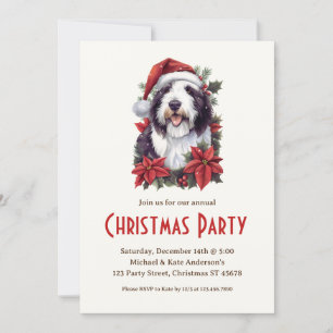 Old English Sheepdog in Santa Hat Christmas Party Invitation