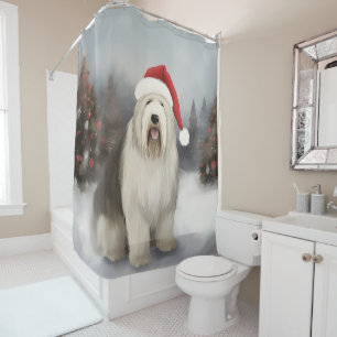 Old English Sheepdog in Snow Christmas