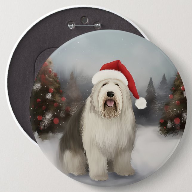 Old English Sheepdog in Snow Christmas 6 Inch Round Button (Front & Back)