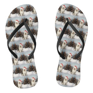 Old English Sheepdog in Snow Christmas Flip Flops