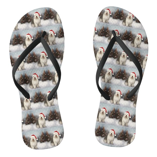 Old English Sheepdog in Snow Christmas Flip Flops (Footbed)