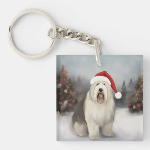 Old English Sheepdog in Snow Christmas Keychain