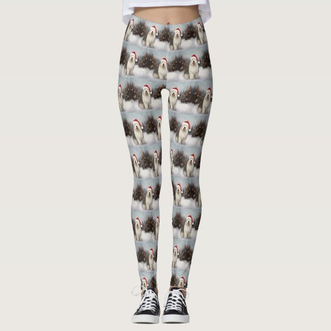 Old English Sheepdog in Snow Christmas Leggings (Front)