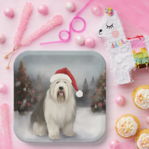 Old English Sheepdog in Snow Christmas Paper Plate